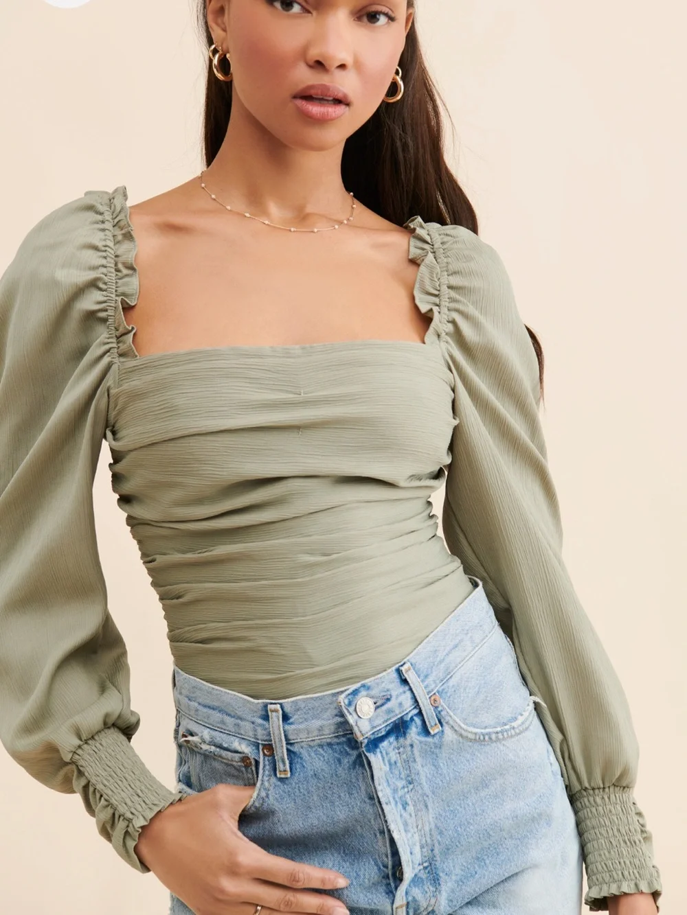 ASTR The Label Smocked Square-Neck Long Sleeve Top in Sage Green